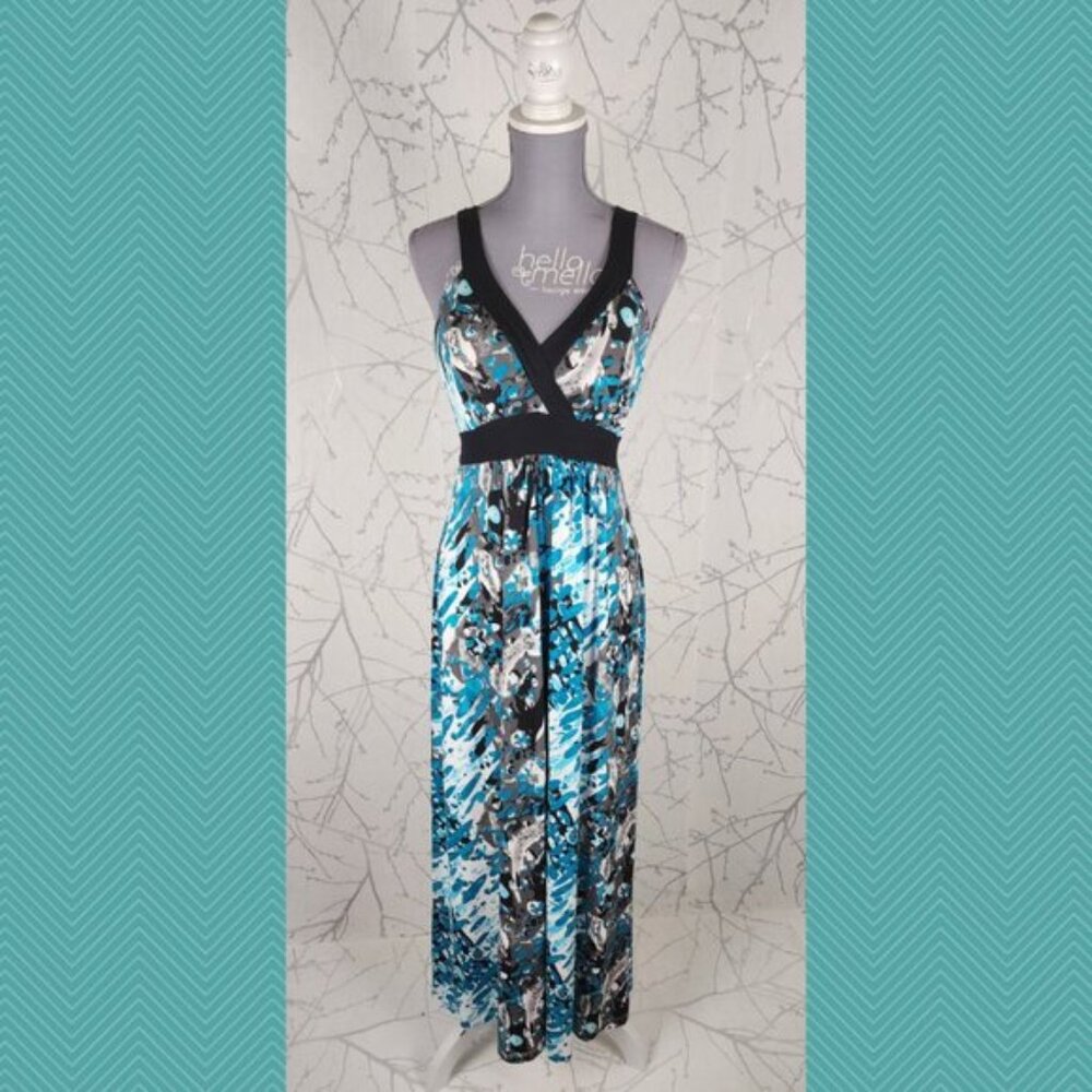 Donna Abstract Artsy Print Stretch Knit Babydoll Empire Waist Maxi Dress